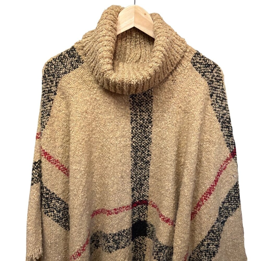 Plaid Knit Poncho With Cowl Neck Beige/Red/Black OS Old Money - Picture 3 of 6